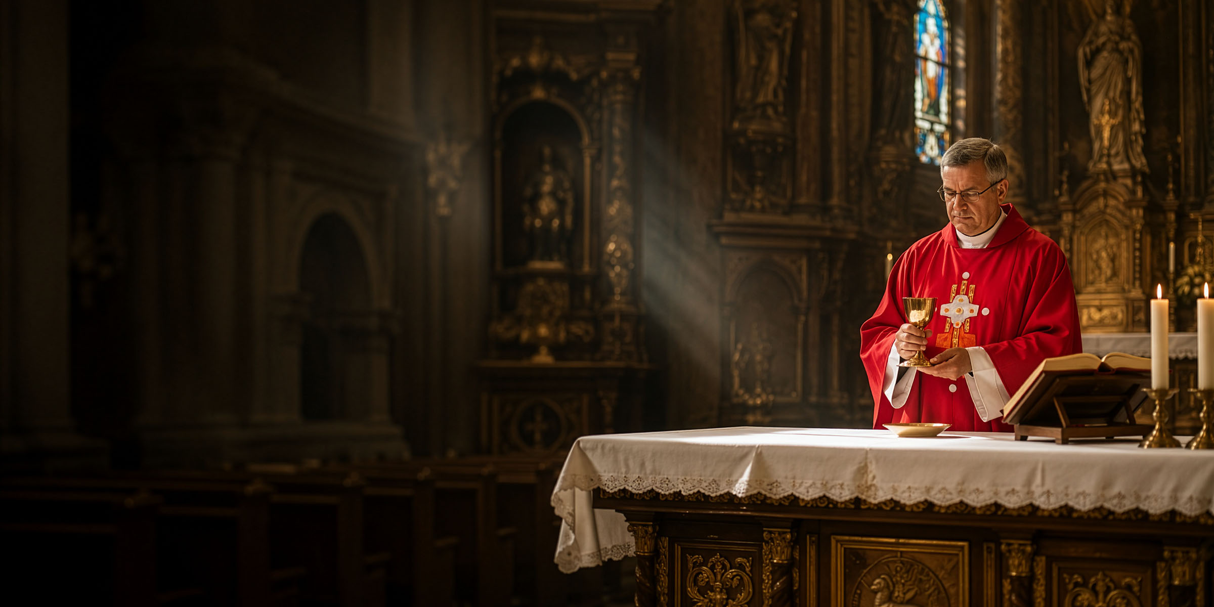Liturgický ornát Paramenta Kříž v kostelním interiéru